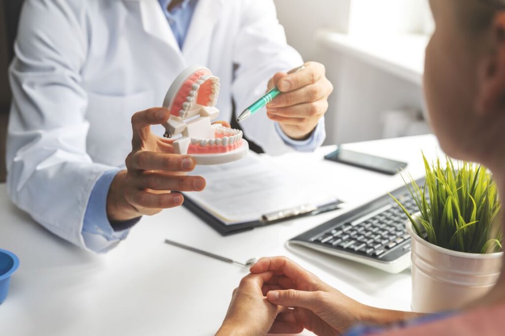 A dentist showing a patient a model of the mouth.